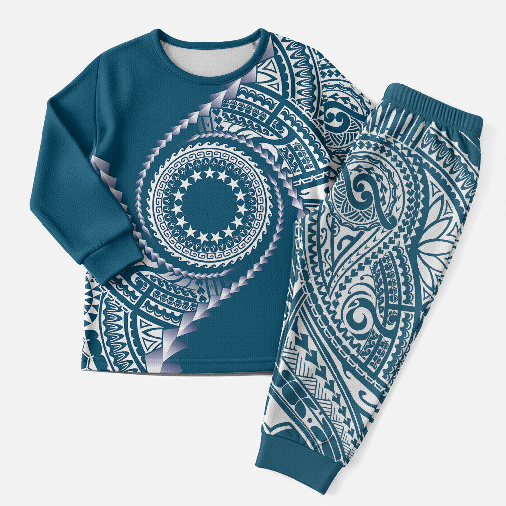Cook Islands Gospel Day Christmas Pajama Set Blue Tribal Curves LT05 Men Blue - Polynesian Pride