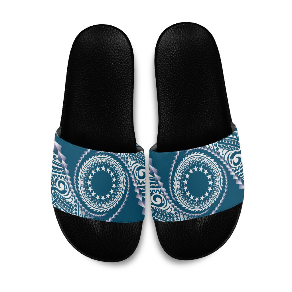 Cook Islands Gospel Day Slide Sandals Blue Tribal Curves LT05 Blue - Polynesian Pride