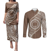 Cook Islands Gospel Day Couples Matching Puletasi and Long Sleeve Button Shirt Brown Tribal Curves LT05 Brown - Polynesian Pride