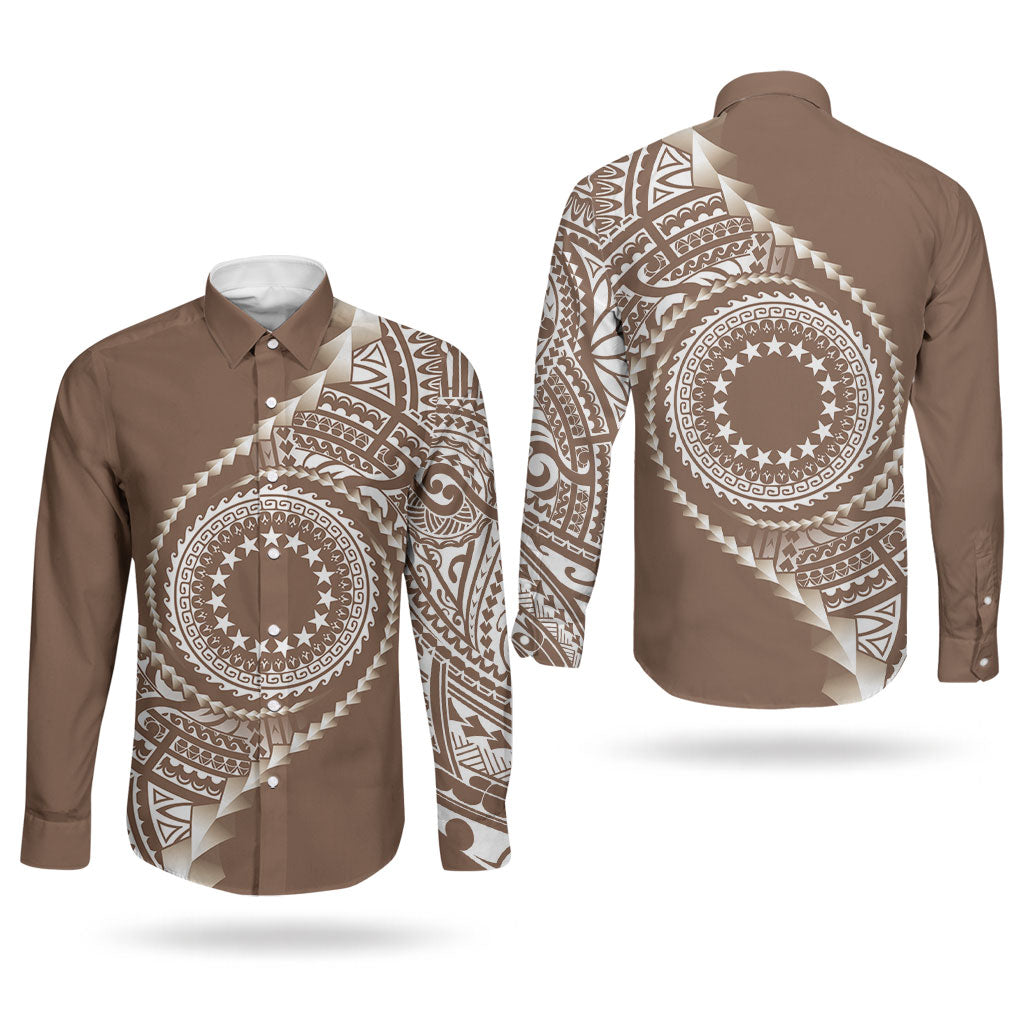 Cook Islands Gospel Day Couples Matching Puletasi and Long Sleeve Button Shirt Brown Tribal Curves LT05 - Polynesian Pride