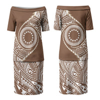 Cook Islands Gospel Day Couples Matching Puletasi and Long Sleeve Button Shirt Brown Tribal Curves LT05 - Polynesian Pride
