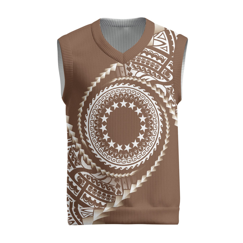 Cook Islands Gospel Day Christmas Knitted V-Neck Vest Brown Tribal Curves LT05 Brown - Polynesian Pride