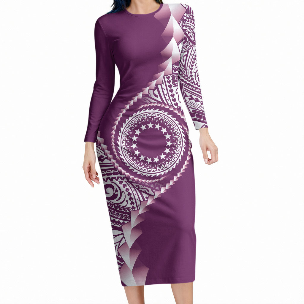 Cook Islands Gospel Day Long Sleeve Bodycon Dress Maroon Tribal Curves LT05 Long Dress Maroon - Polynesian Pride