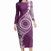Cook Islands Gospel Day Long Sleeve Bodycon Dress Maroon Tribal Curves LT05 Long Dress Maroon - Polynesian Pride