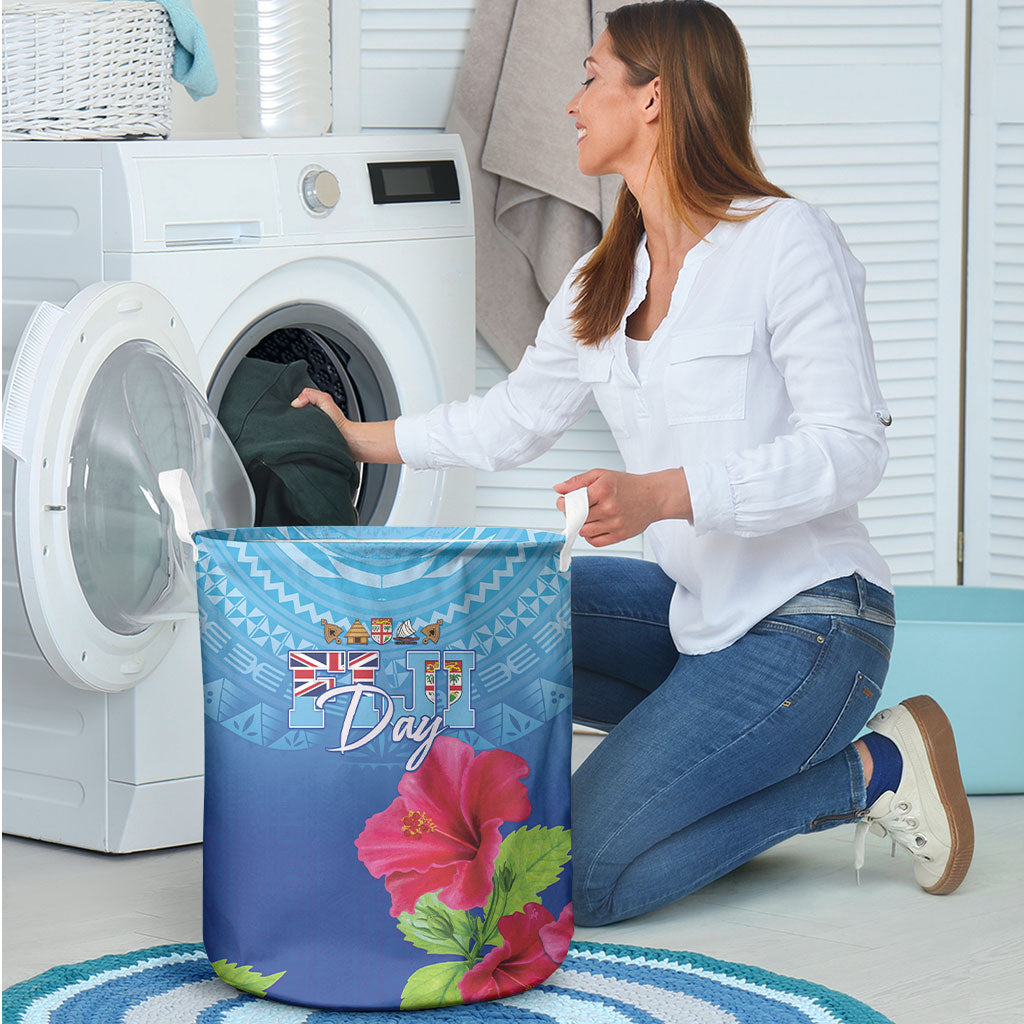 Bula Fiji Day Laundry Basket Traditional Tapa Pattern With Hibiscus