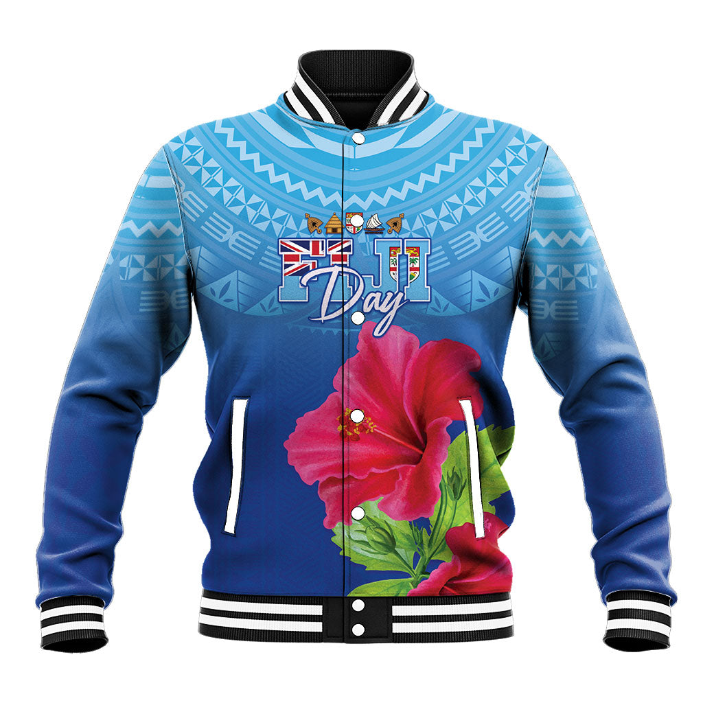 Bula Fiji Day Baseball Jacket Traditional Tapa Pattern With Hibiscus LT05 Unisex Blue - Polynesian Pride