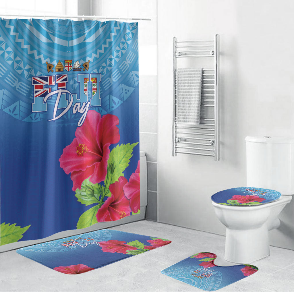 Bula Fiji Day Bathroom Set Traditional Tapa Pattern With Hibiscus LT05 Bathroom Set (4 pcs) Blue - Polynesian Pride