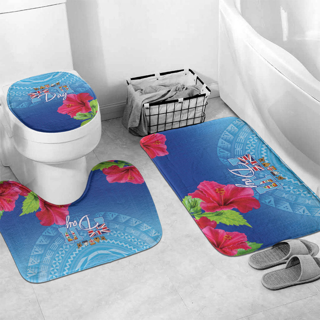 Bula Fiji Day Bathroom Set Traditional Tapa Pattern With Hibiscus LT05 Mat Set Only (3 pcs) One Size Blue - Polynesian Pride