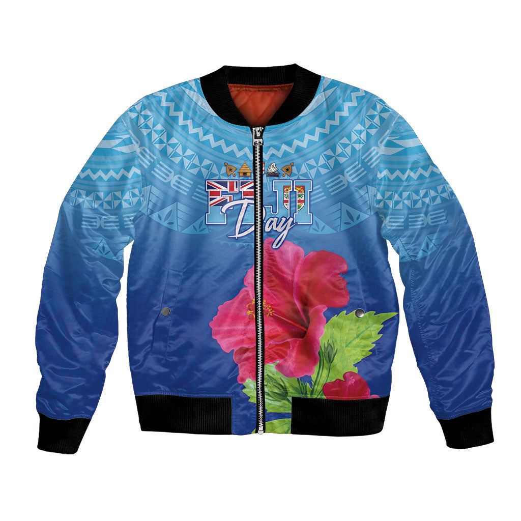 Bula Fiji Day Bomber Jacket Traditional Tapa Pattern With Hibiscus LT05 Unisex Blue - Polynesian Pride