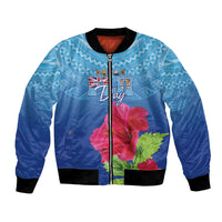 Bula Fiji Day Bomber Jacket Traditional Tapa Pattern With Hibiscus LT05 Unisex Blue - Polynesian Pride