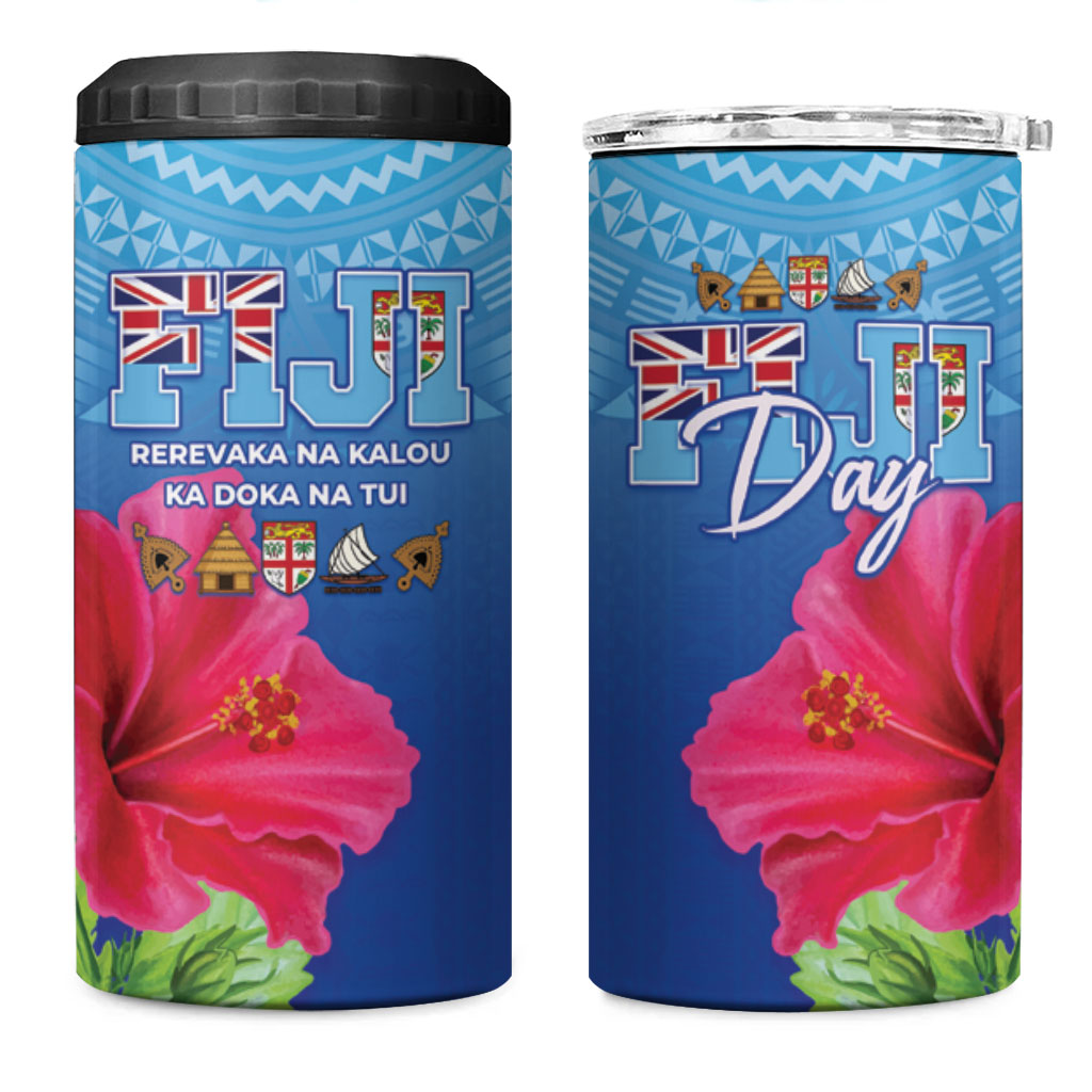 Bula Fiji Day 4 in 1 Can Cooler Tumbler Traditional Tapa Pattern With Hibiscus LT05 One Size: 16 oz Blue - Polynesian Pride