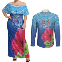Bula Fiji Day Couples Matching Off Shoulder Maxi Dress and Long Sleeve Button Shirt Traditional Tapa Pattern With Hibiscus LT05 Blue - Polynesian Pride