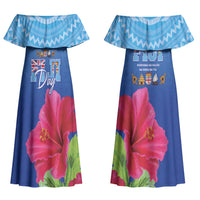 Bula Fiji Day Couples Matching Off Shoulder Maxi Dress and Long Sleeve Button Shirt Traditional Tapa Pattern With Hibiscus LT05 - Polynesian Pride