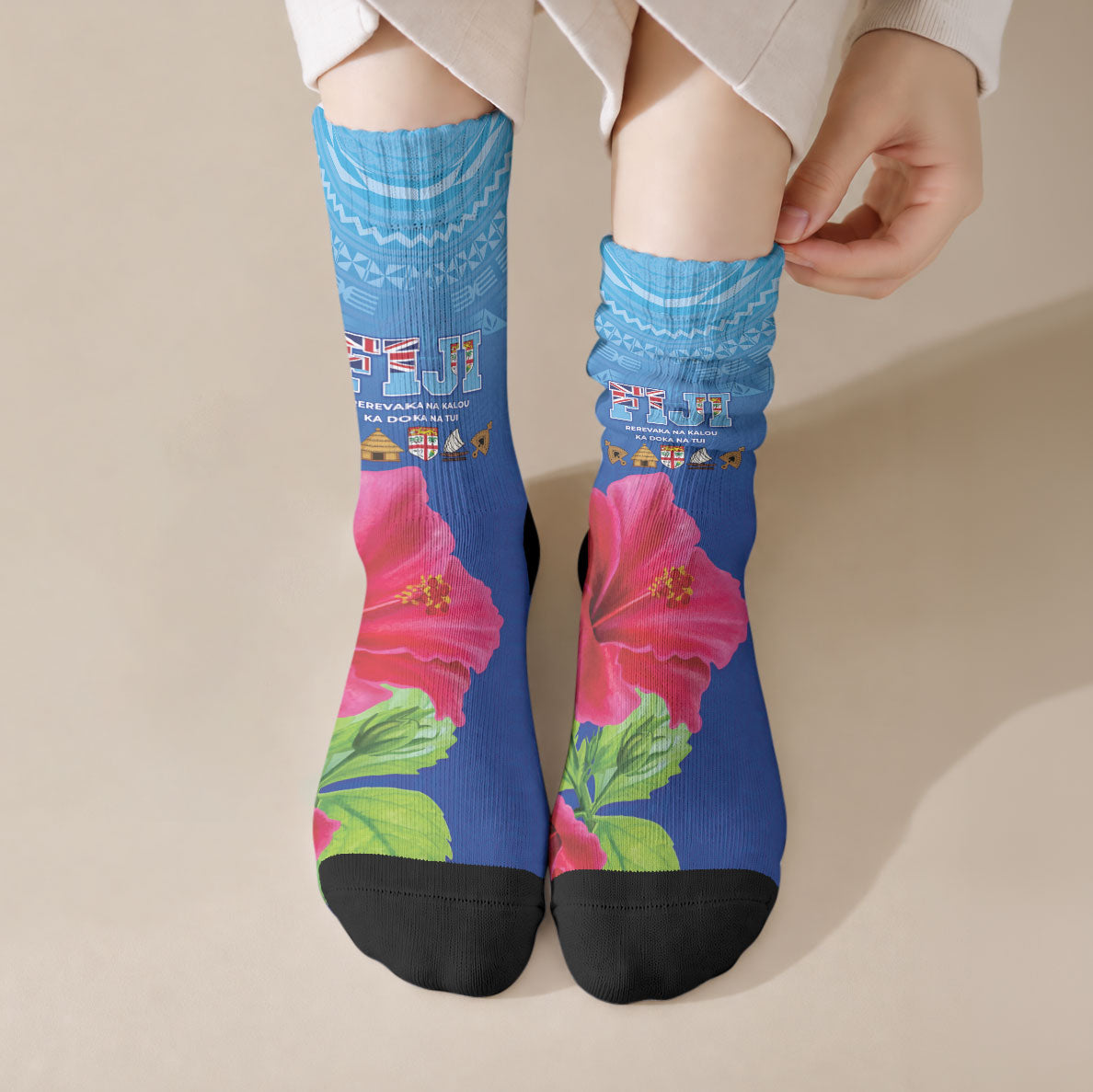 Bula Fiji Day Crew Socks Traditional Tapa Pattern With Hibiscus LT05 Crew Socks Blue - Polynesian Pride