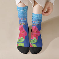 Bula Fiji Day Crew Socks Traditional Tapa Pattern With Hibiscus LT05 Crew Socks Blue - Polynesian Pride