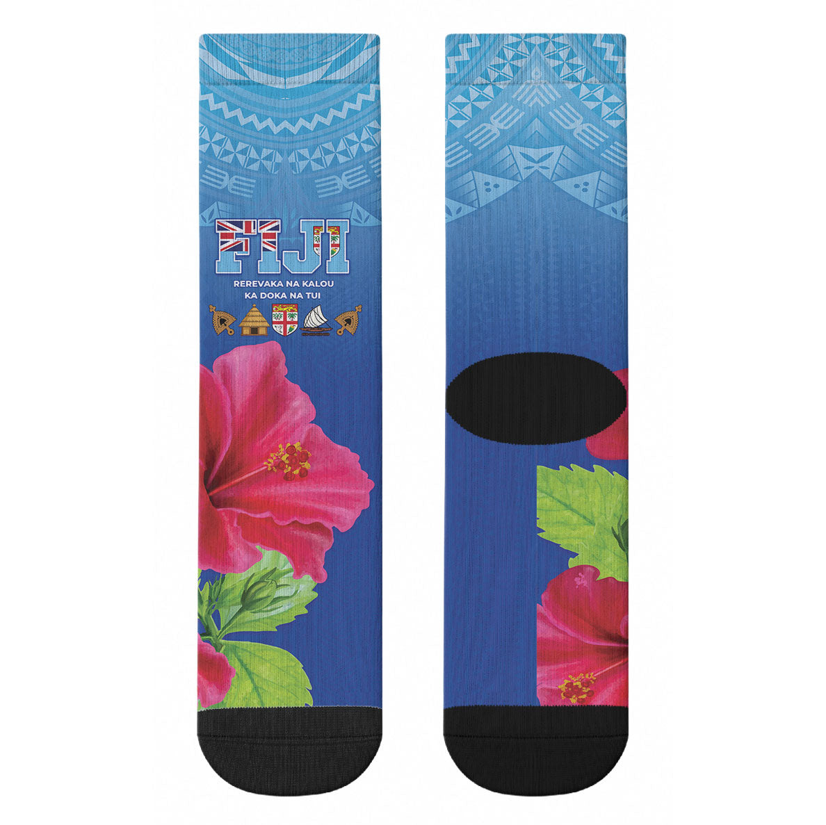 Bula Fiji Day Crew Socks Traditional Tapa Pattern With Hibiscus LT05 - Polynesian Pride