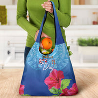 Bula Fiji Day Grocery Bag Traditional Tapa Pattern With Hibiscus