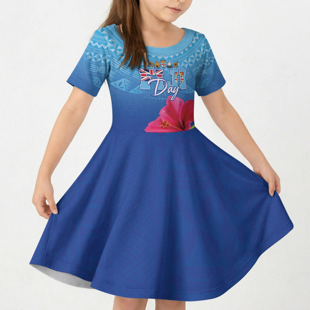 Bula Fiji Day Kid Short Sleeve Dress Traditional Tapa Pattern With Hibiscus LT05 KID Blue - Polynesian Pride
