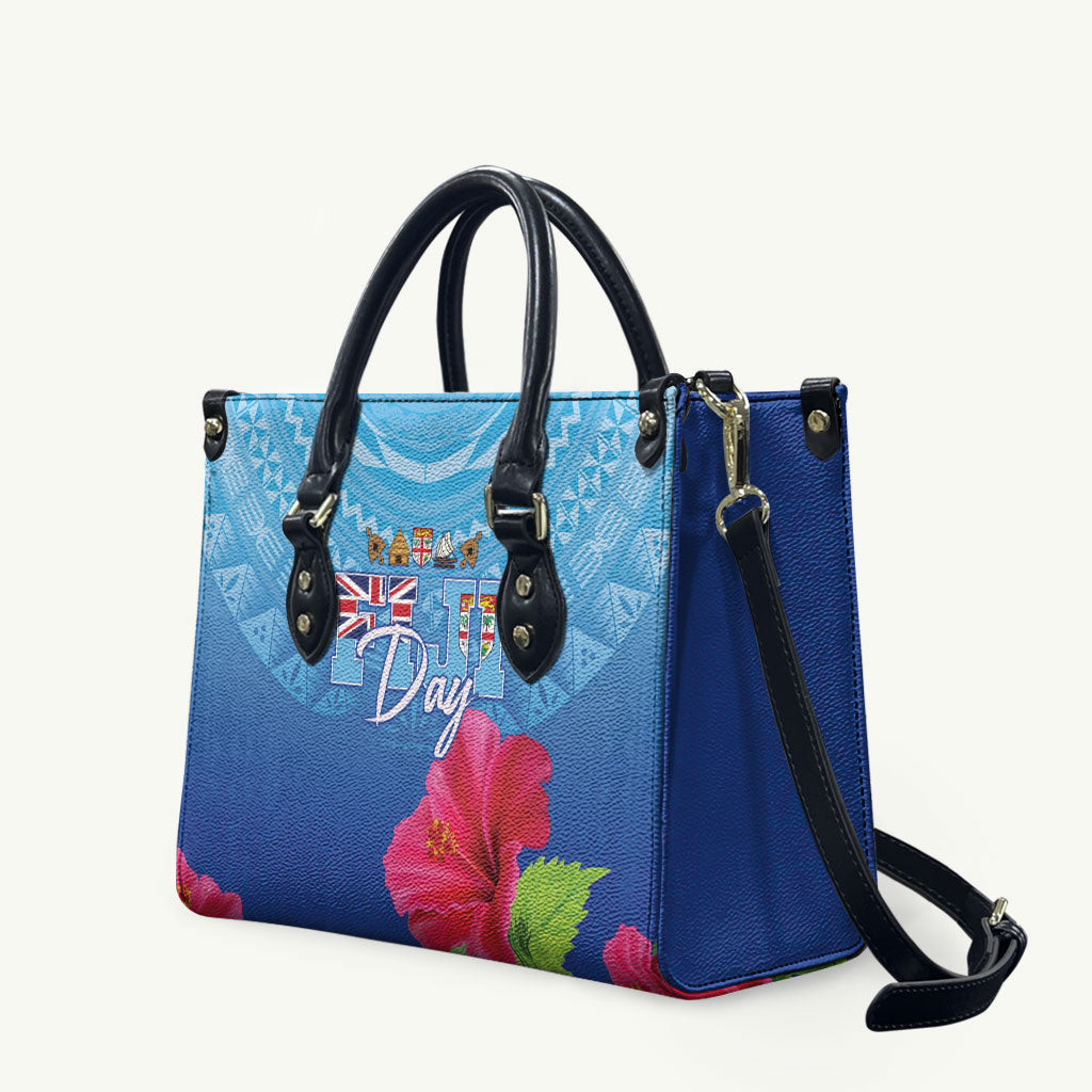 Bula Fiji Day Leather Bag Traditional Tapa Pattern With Hibiscus