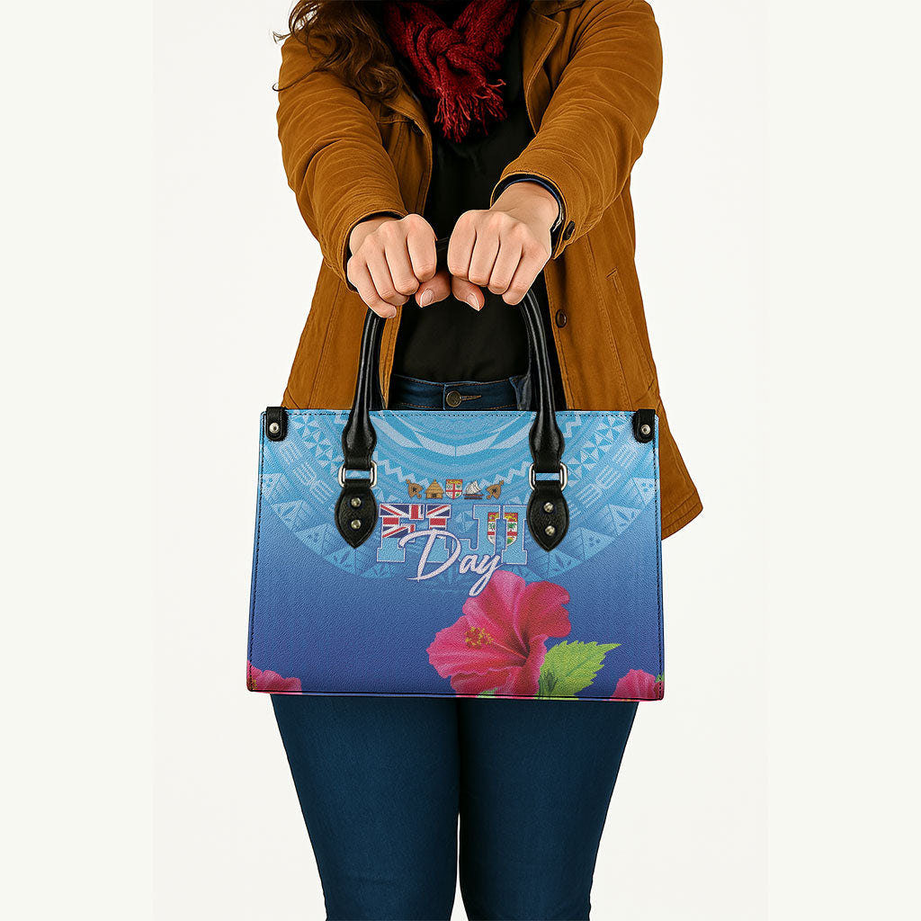 Bula Fiji Day Leather Bag Traditional Tapa Pattern With Hibiscus