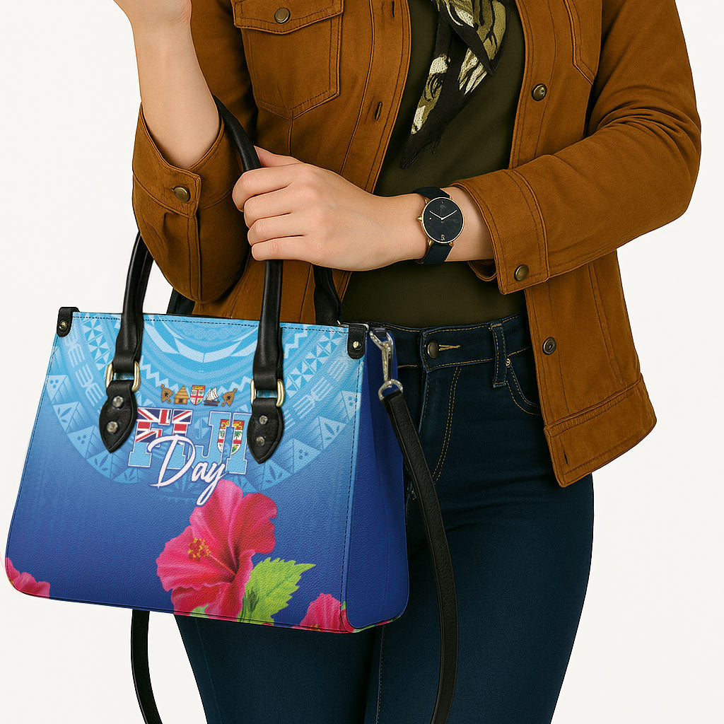 Bula Fiji Day Leather Bag Traditional Tapa Pattern With Hibiscus