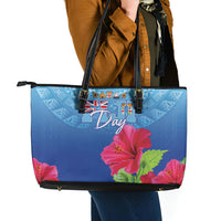 Bula Fiji Day Leather Tote Bag Traditional Tapa Pattern With Hibiscus