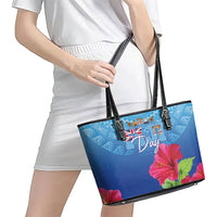 Bula Fiji Day Leather Tote Bag Traditional Tapa Pattern With Hibiscus