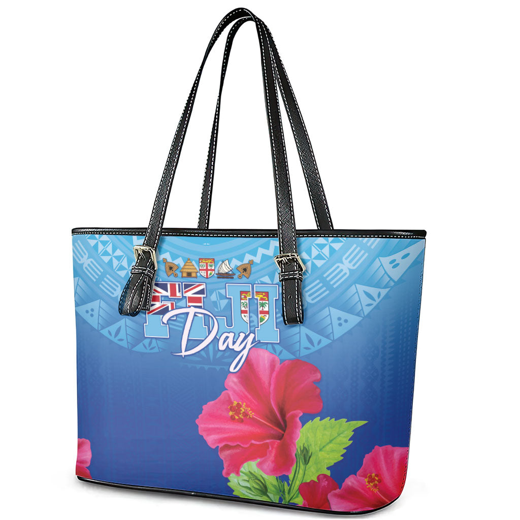 Bula Fiji Day Leather Tote Bag Traditional Tapa Pattern With Hibiscus