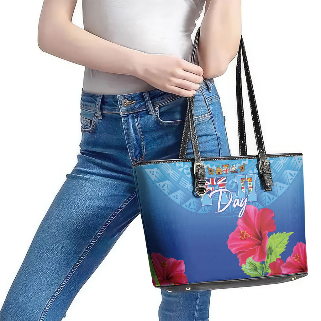 Bula Fiji Day Leather Tote Bag Traditional Tapa Pattern With Hibiscus