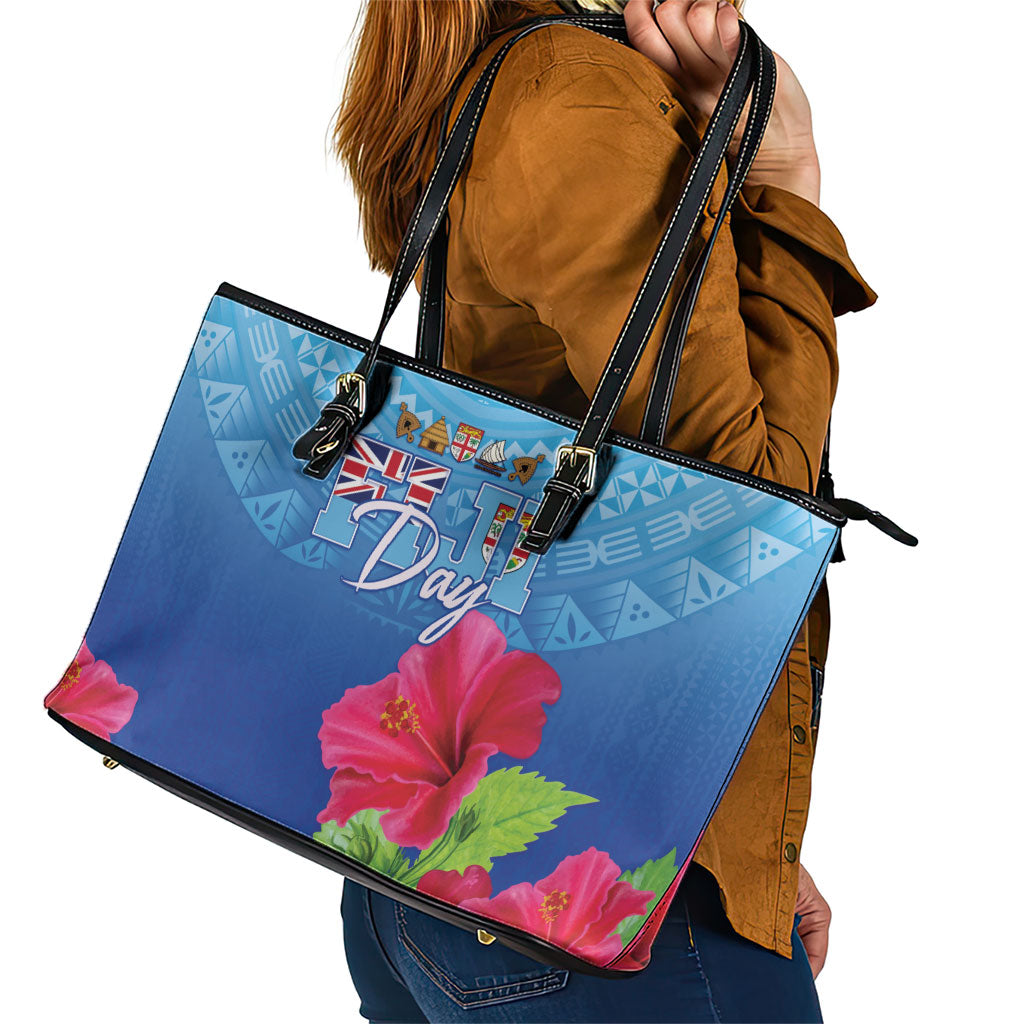 Bula Fiji Day Leather Tote Bag Traditional Tapa Pattern With Hibiscus