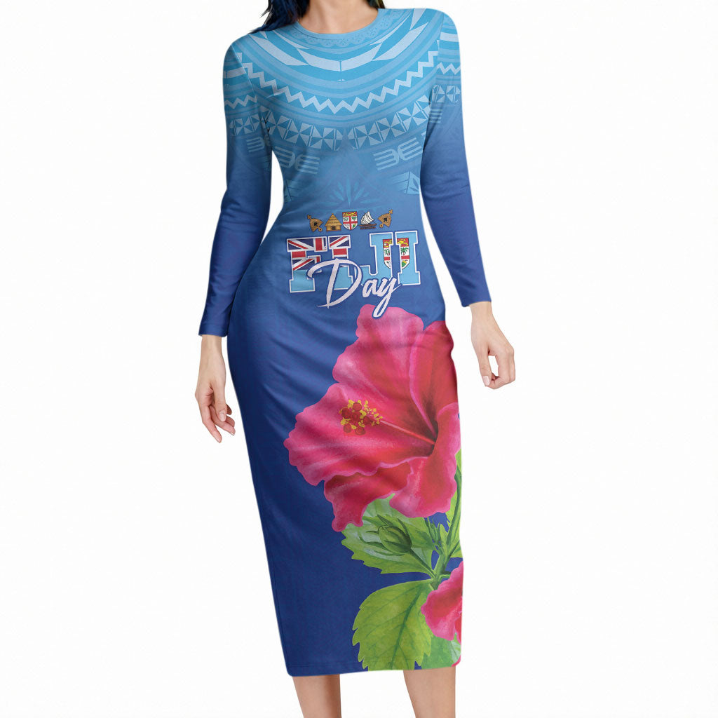 Bula Fiji Day Long Sleeve Bodycon Dress Traditional Tapa Pattern With Hibiscus LT05 Long Dress Blue - Polynesian Pride