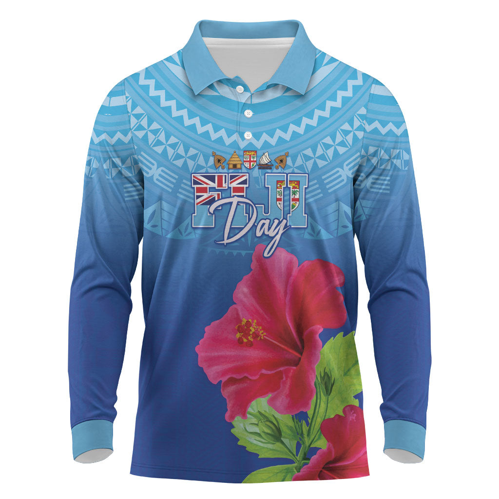 Bula Fiji Day Long Sleeve Polo Shirt Traditional Tapa Pattern With Hibiscus LT05 Blue - Polynesian Pride