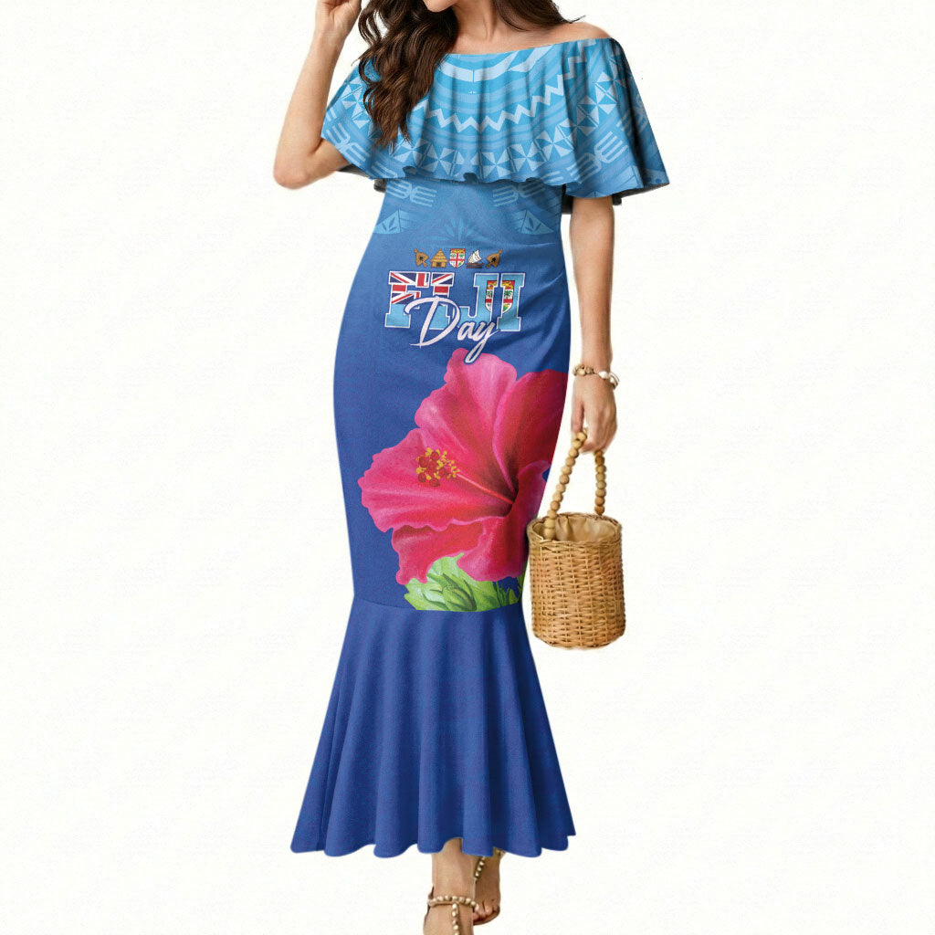 Bula Fiji Day Mermaid Dress Traditional Tapa Pattern With Hibiscus LT05 Women Blue - Polynesian Pride