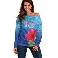 Bula Fiji Day Off Shoulder Sweater Traditional Tapa Pattern With Hibiscus