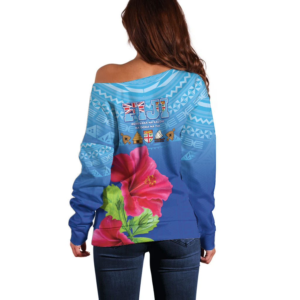 Bula Fiji Day Off Shoulder Sweater Traditional Tapa Pattern With Hibiscus
