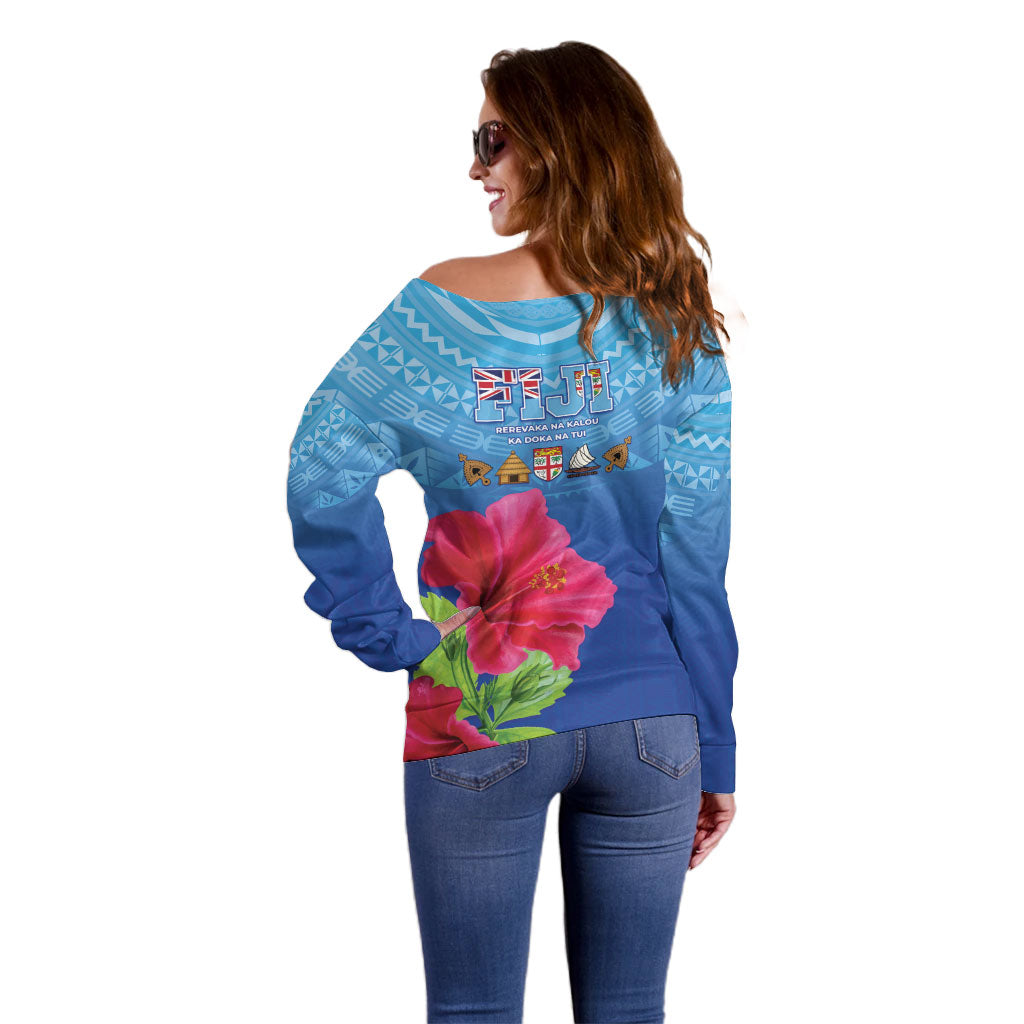 Bula Fiji Day Off Shoulder Sweater Traditional Tapa Pattern With Hibiscus
