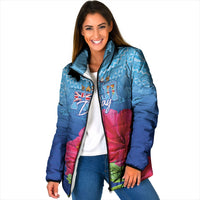 Bula Fiji Day Padded Jacket Traditional Tapa Pattern With Hibiscus LT05 Women Blue - Polynesian Pride