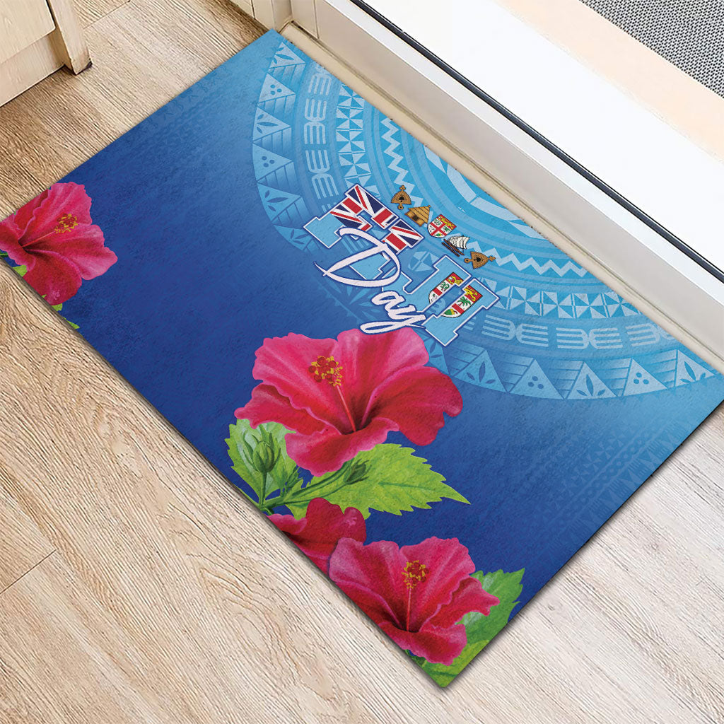 Bula Fiji Day Rubber Doormat Traditional Tapa Pattern With Hibiscus