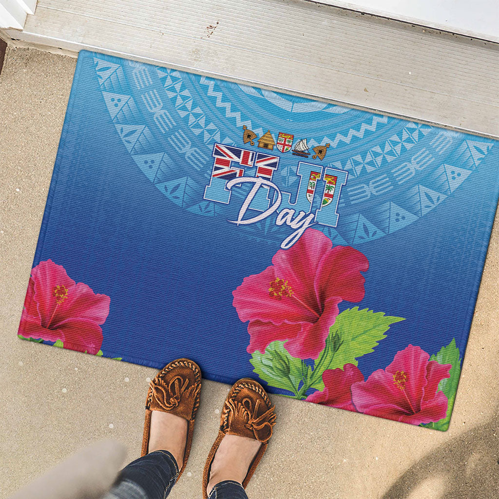 Bula Fiji Day Rubber Doormat Traditional Tapa Pattern With Hibiscus