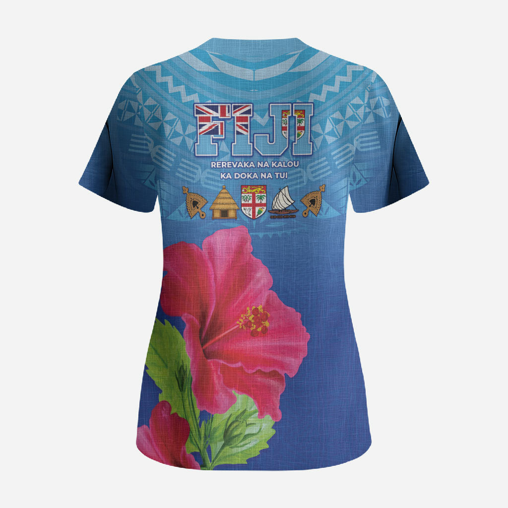 Bula Fiji Day Scrub Top Traditional Tapa Pattern With Hibiscus LT05 - Polynesian Pride