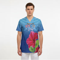 Bula Fiji Day Scrub Top Traditional Tapa Pattern With Hibiscus LT05 - Polynesian Pride