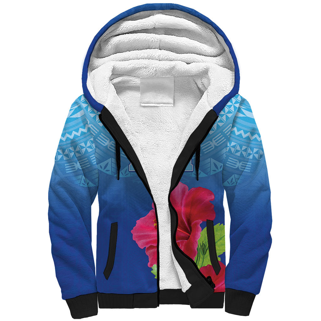 Bula Fiji Day Sherpa Hoodie Traditional Tapa Pattern With Hibiscus LT05 Unisex Blue - Polynesian Pride