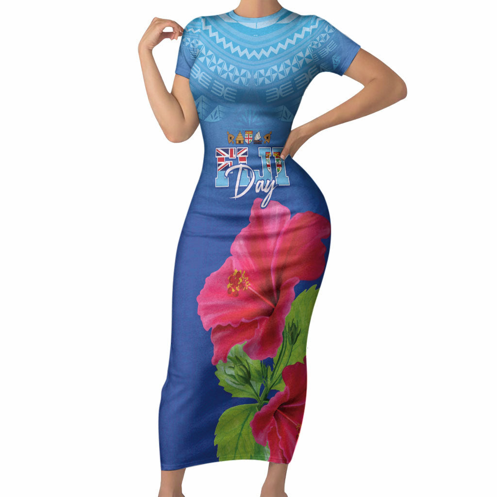 Bula Fiji Day Short Sleeve Bodycon Dress Traditional Tapa Pattern With Hibiscus LT05 Long Dress Blue - Polynesian Pride