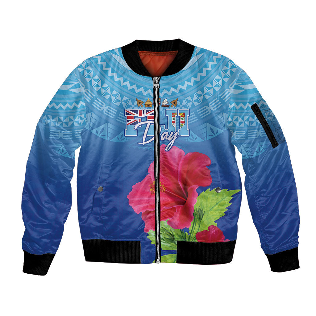 Bula Fiji Day Sleeve Zip Bomber Jacket Traditional Tapa Pattern With Hibiscus