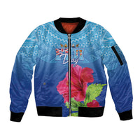 Bula Fiji Day Sleeve Zip Bomber Jacket Traditional Tapa Pattern With Hibiscus