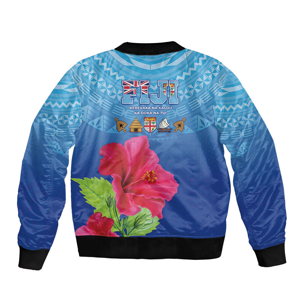 Bula Fiji Day Sleeve Zip Bomber Jacket Traditional Tapa Pattern With Hibiscus