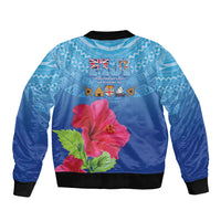 Bula Fiji Day Sleeve Zip Bomber Jacket Traditional Tapa Pattern With Hibiscus