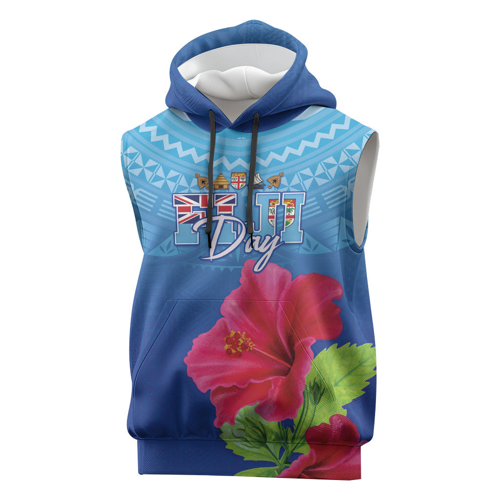 Bula Fiji Day Sleeveless Hoodie Traditional Tapa Pattern With Hibiscus LT05 Blue - Polynesian Pride