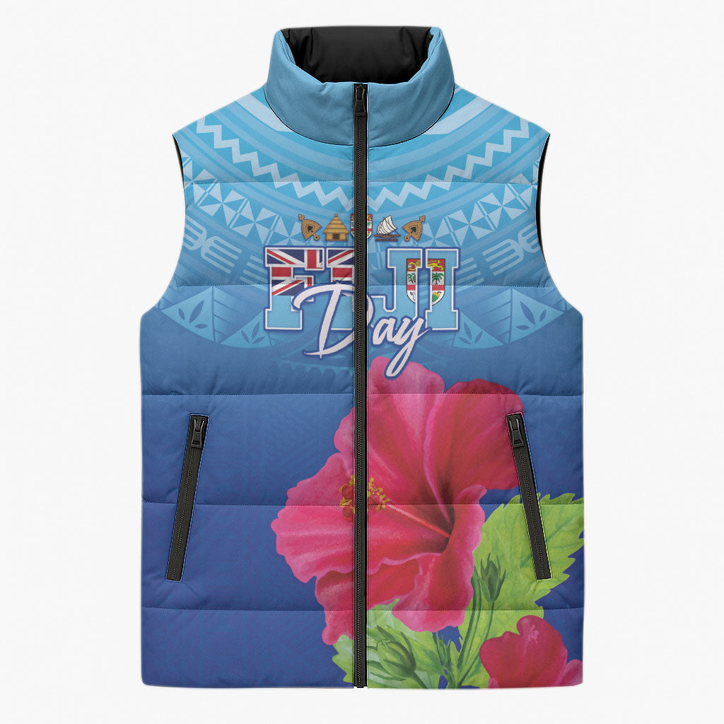 Bula Fiji Day Sleeveless Puffer Jacket Traditional Tapa Pattern With Hibiscus