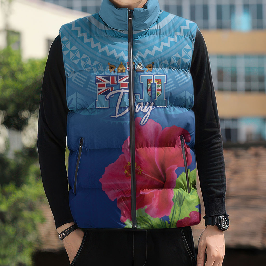 Bula Fiji Day Sleeveless Puffer Jacket Traditional Tapa Pattern With Hibiscus